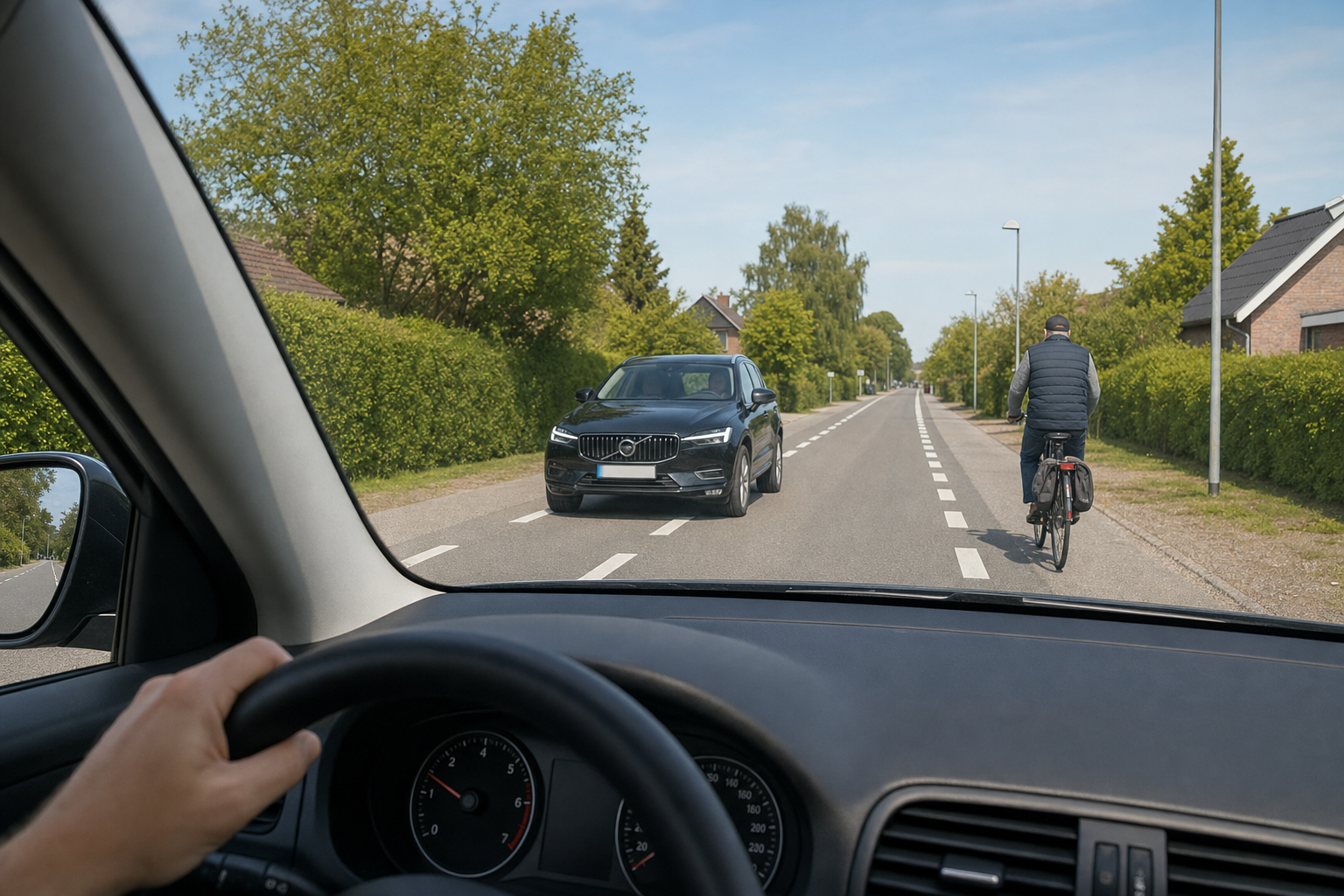 På 2 minus 1-vej deles midten — træk ud i kantbanen ved møde, og giv plads til cyklister.